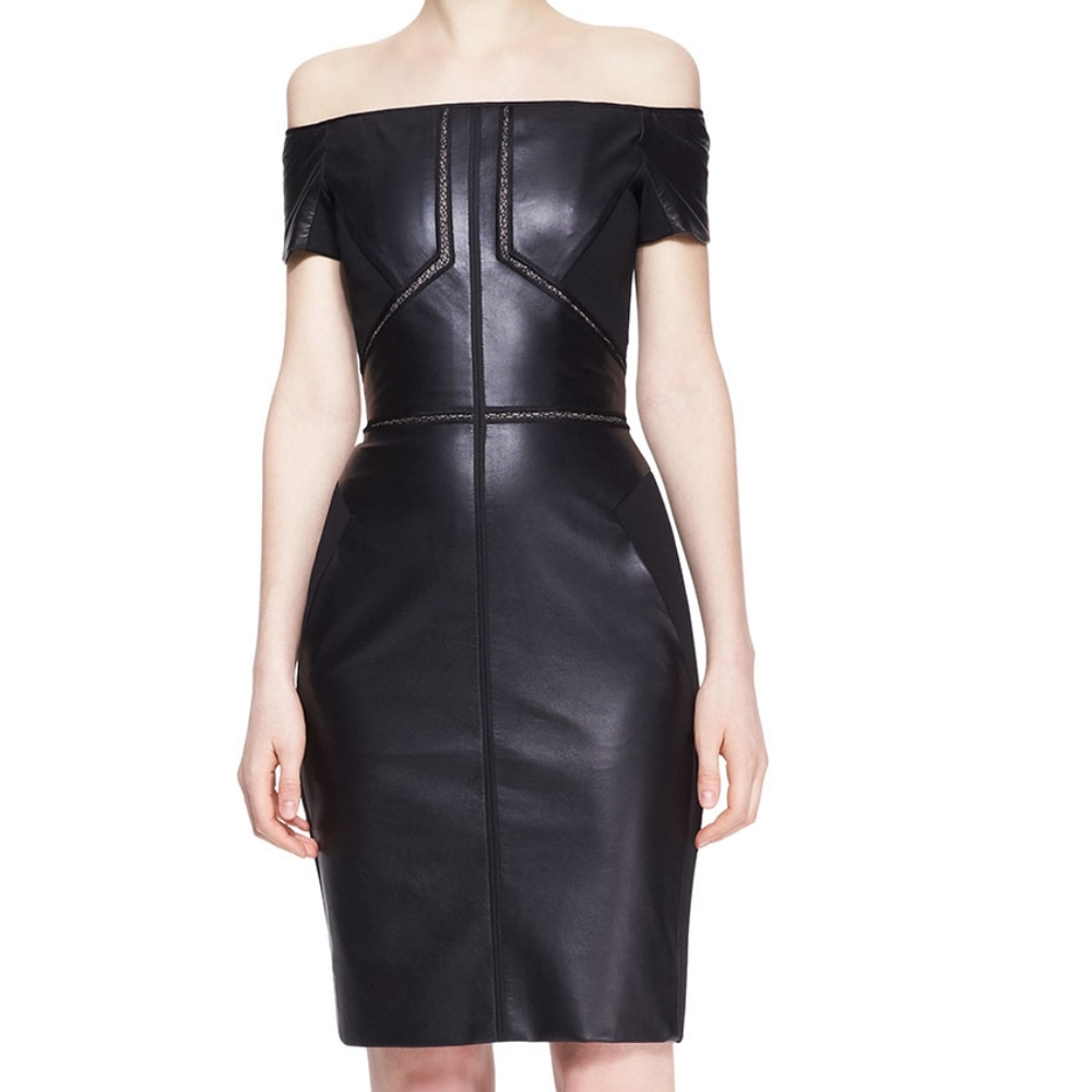 J. Mendel Black Off-Shoulder Leather Midi Dress